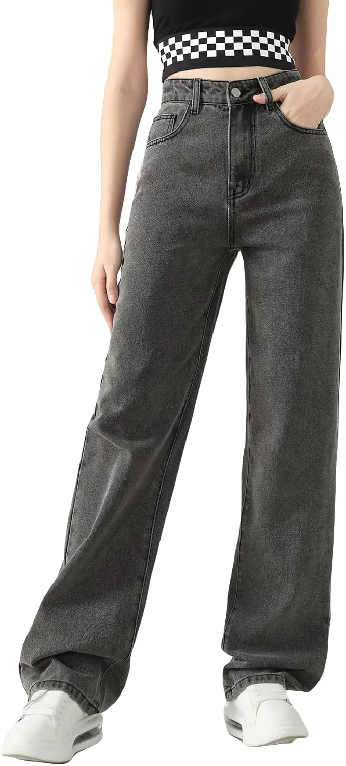 SweatyRocks Girl's High Waisted Solid Straight Leg Jeans Casual Loose Denim Pants