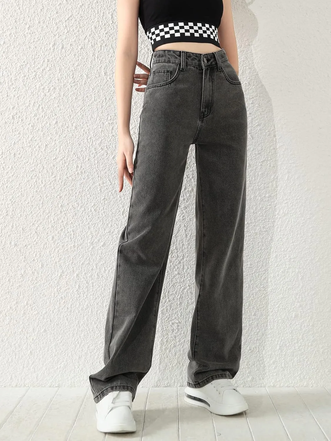 SweatyRocks Girl's High Waisted Solid Straight Leg Jeans Casual Loose Denim Pants