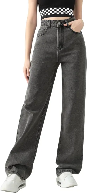 SweatyRocks Girl's High Waisted Solid Straight Leg Jeans Casual Loose Denim Pants