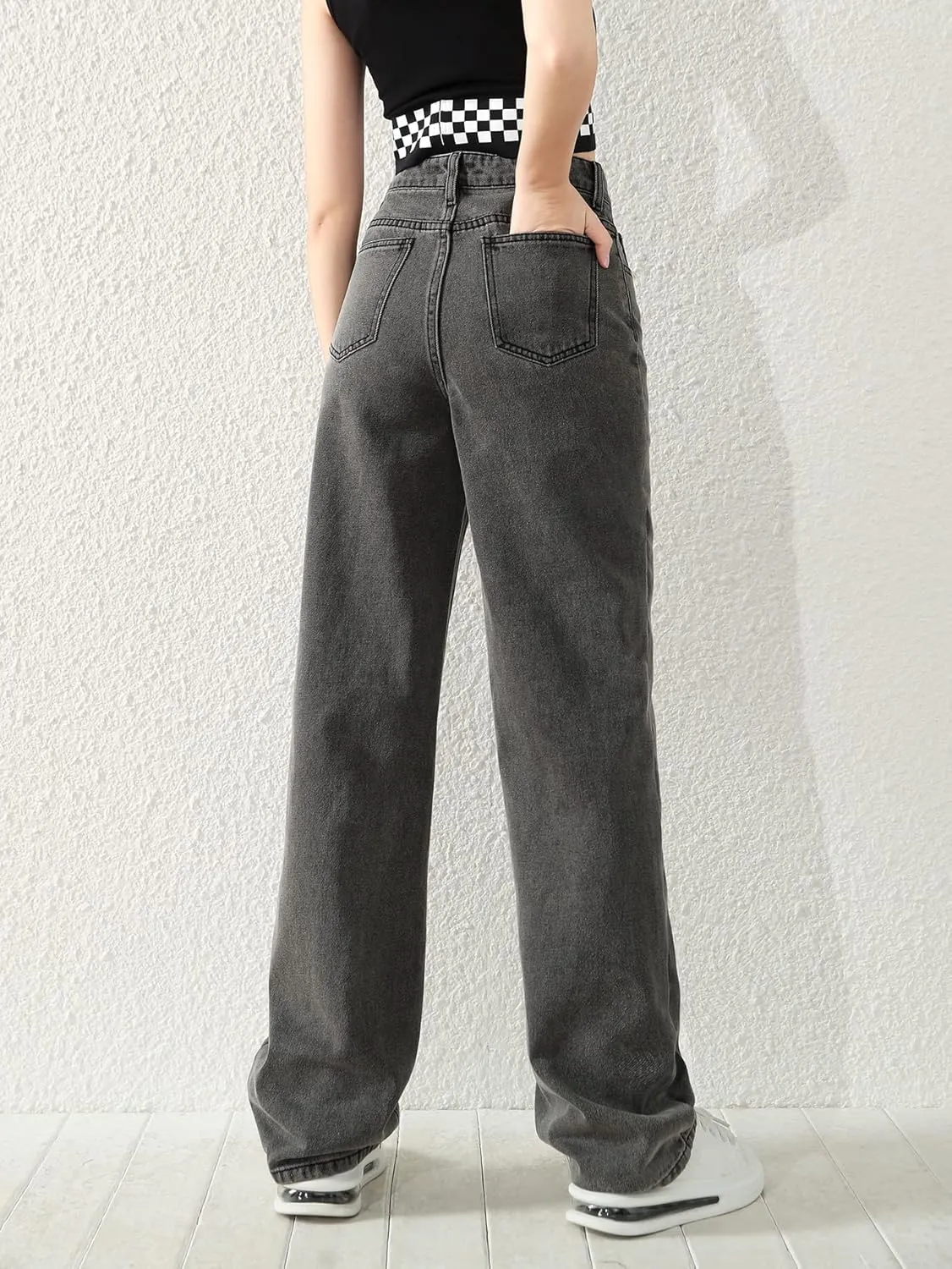 SweatyRocks Girl's High Waisted Solid Straight Leg Jeans Casual Loose Denim Pants