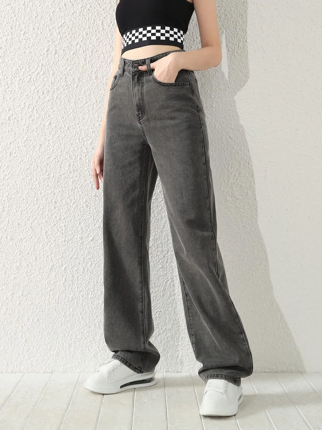 SweatyRocks Girl's High Waisted Solid Straight Leg Jeans Casual Loose Denim Pants