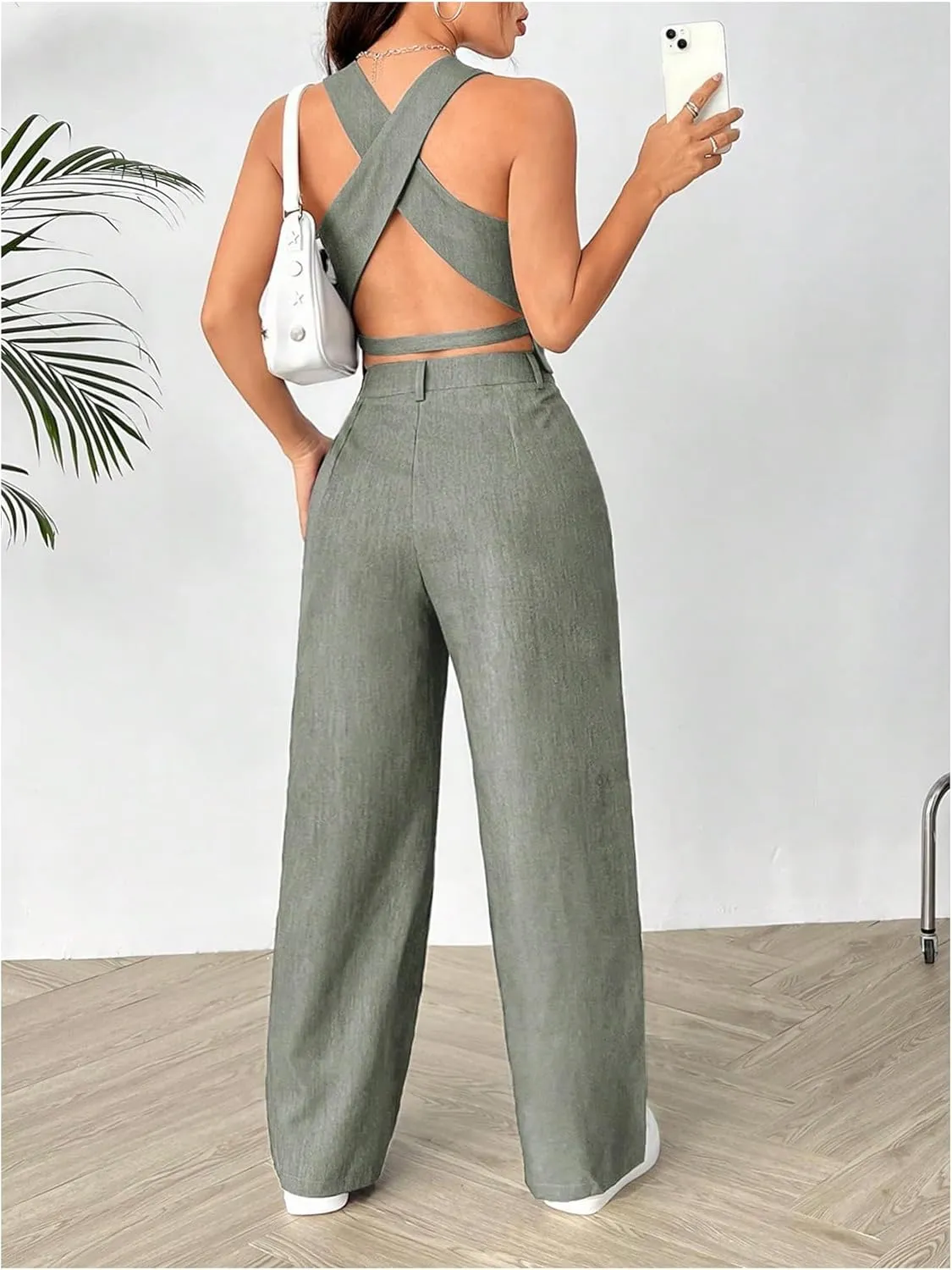 SweatyRocks Women's 2 Piece Solid Sleeveless V Neck Cross Back Button Down Blazer and Pants Business Office Suit Set
