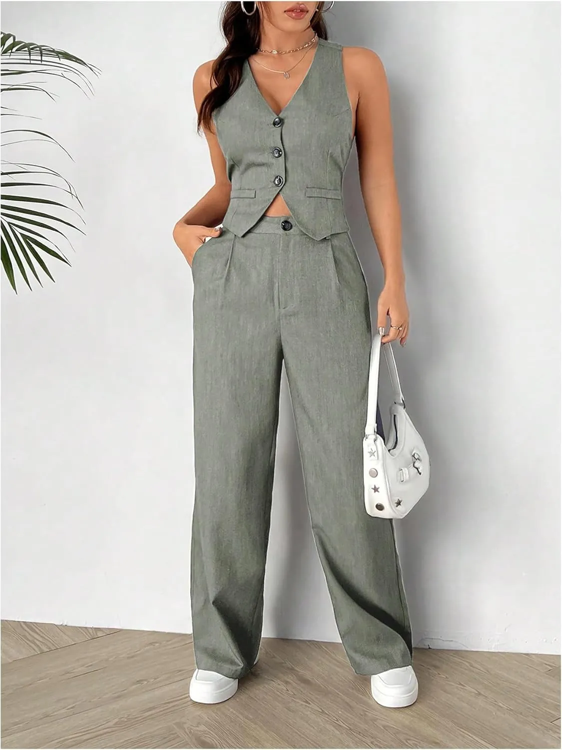 SweatyRocks Women's 2 Piece Solid Sleeveless V Neck Cross Back Button Down Blazer and Pants Business Office Suit Set