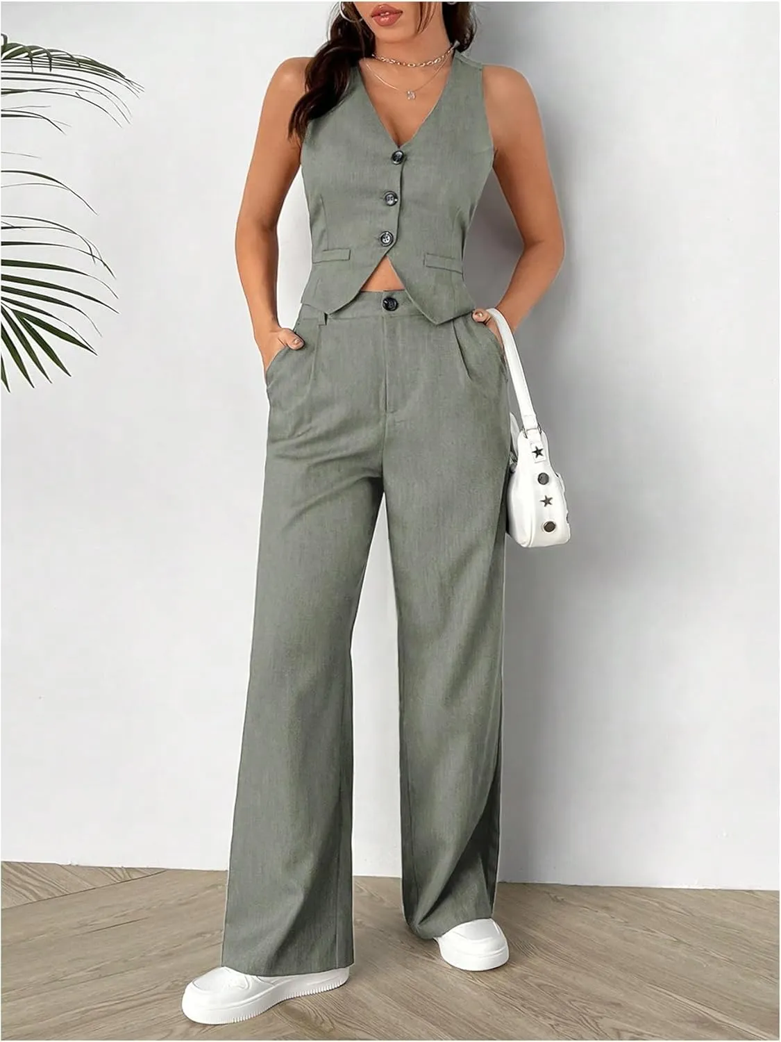SweatyRocks Women's 2 Piece Solid Sleeveless V Neck Cross Back Button Down Blazer and Pants Business Office Suit Set