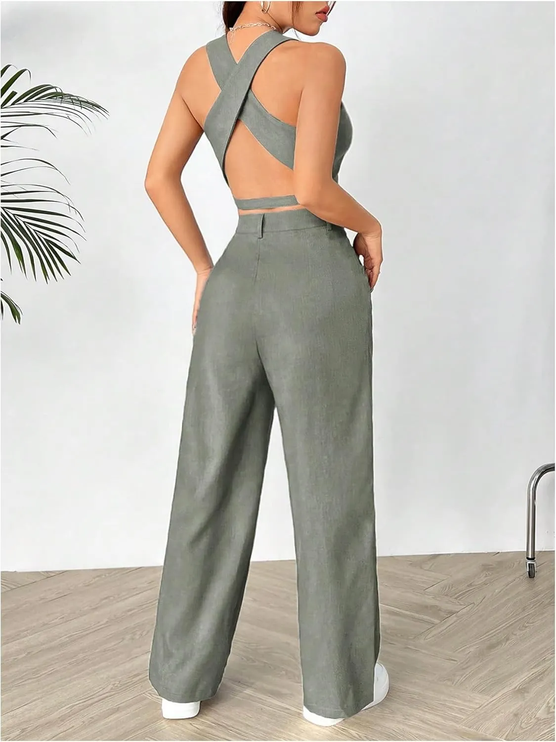 SweatyRocks Women's 2 Piece Solid Sleeveless V Neck Cross Back Button Down Blazer and Pants Business Office Suit Set