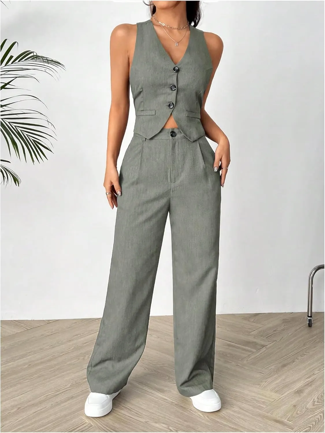 SweatyRocks Women's 2 Piece Solid Sleeveless V Neck Cross Back Button Down Blazer and Pants Business Office Suit Set
