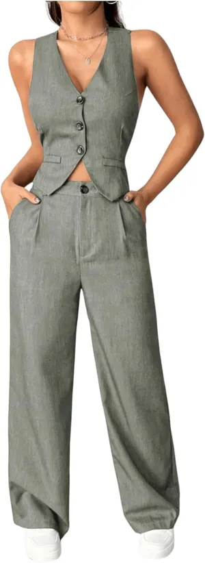 SweatyRocks Women's 2 Piece Solid Sleeveless V Neck Cross Back Button Down Blazer and Pants Business Office Suit Set