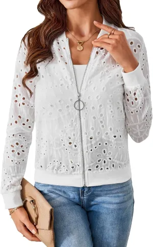 SweatyRocks Women's Bomber Jacket Eyelet Embroidery Long Sleeve Casual Hollow Out Lightweight Zipper Up Jacket