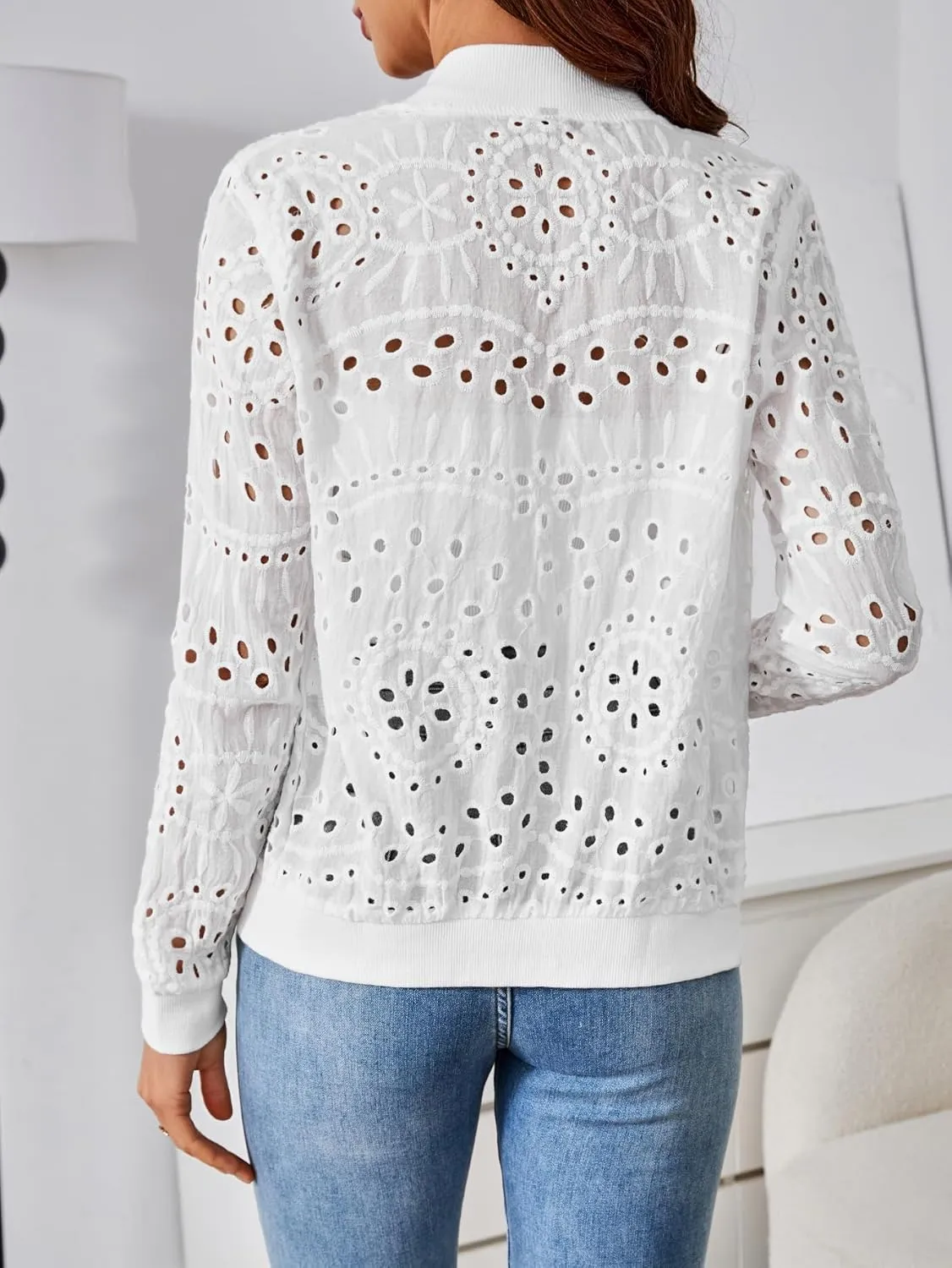 SweatyRocks Women's Bomber Jacket Eyelet Embroidery Long Sleeve Casual Hollow Out Lightweight Zipper Up Jacket