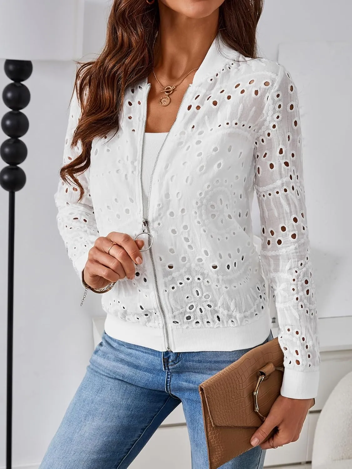 SweatyRocks Women's Bomber Jacket Eyelet Embroidery Long Sleeve Casual Hollow Out Lightweight Zipper Up Jacket