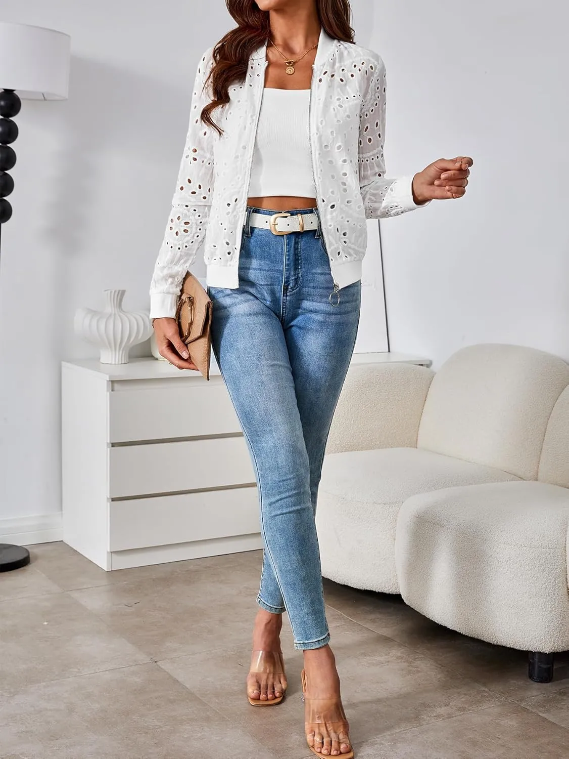 SweatyRocks Women's Bomber Jacket Eyelet Embroidery Long Sleeve Casual Hollow Out Lightweight Zipper Up Jacket