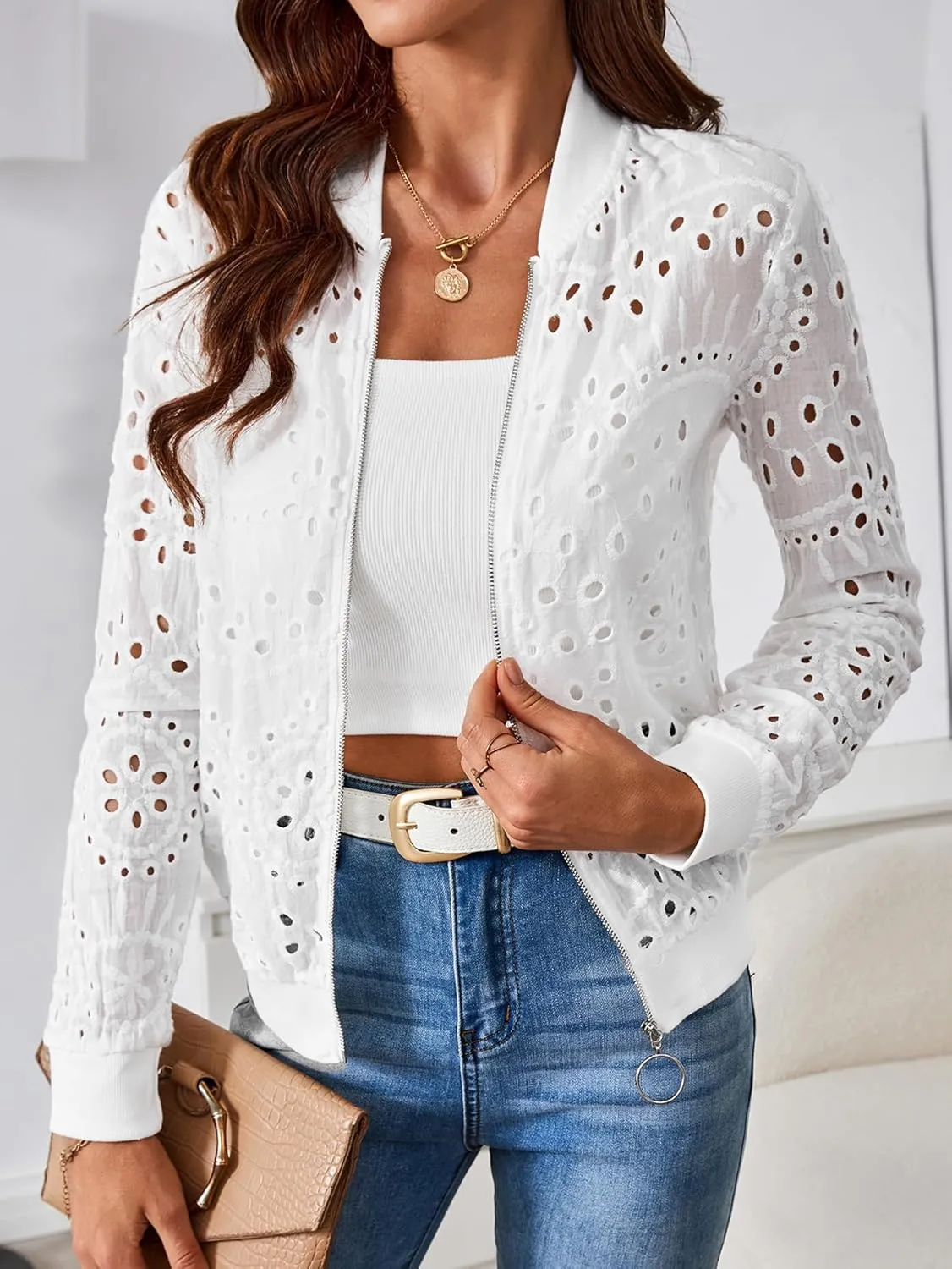 SweatyRocks Women's Bomber Jacket Eyelet Embroidery Long Sleeve Casual Hollow Out Lightweight Zipper Up Jacket