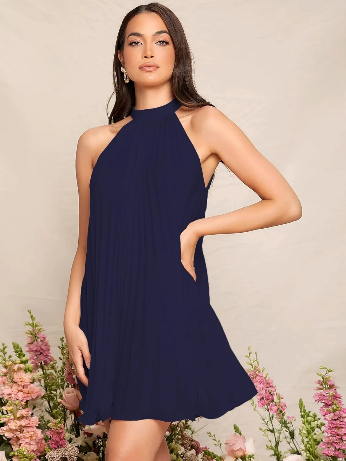 SweatyRocks Women's Casual Sleeveless Tie Back Halter Dress Mini Swing Pleated A-line Loose Dress