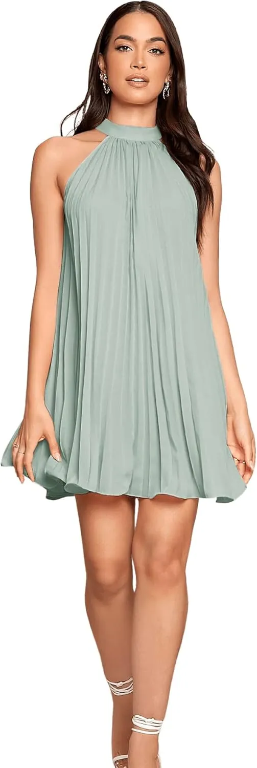 SweatyRocks Women's Casual Sleeveless Tie Back Halter Dress Mini Swing Pleated A-line Loose Dress