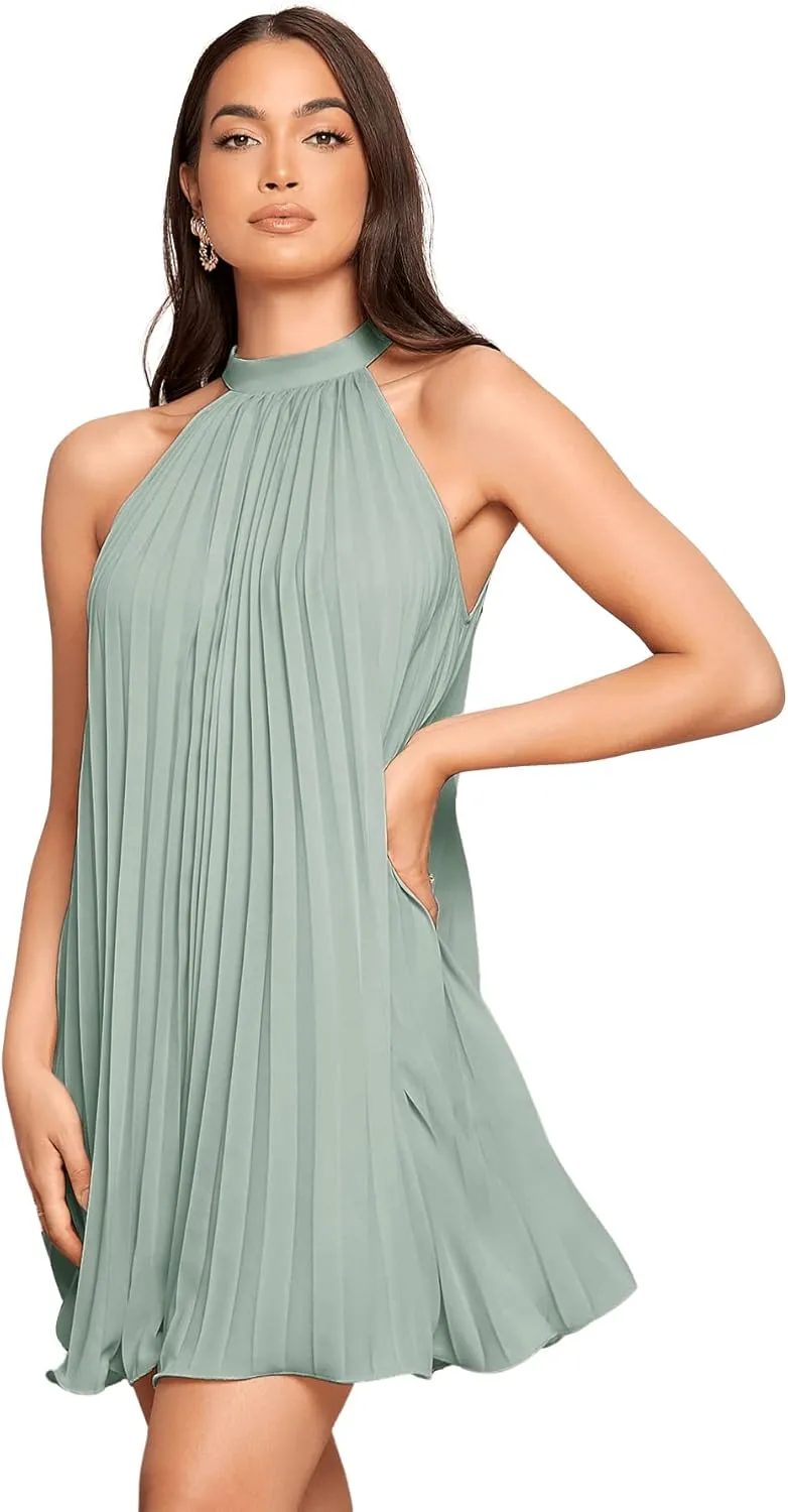 SweatyRocks Women's Casual Sleeveless Tie Back Halter Dress Mini Swing Pleated A-line Loose Dress