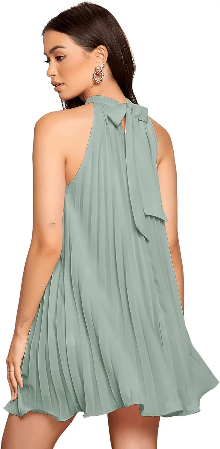 SweatyRocks Women's Casual Sleeveless Tie Back Halter Dress Mini Swing Pleated A-line Loose Dress