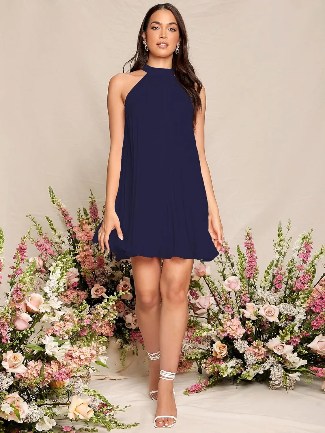 SweatyRocks Women's Casual Sleeveless Tie Back Halter Dress Mini Swing Pleated A-line Loose Dress