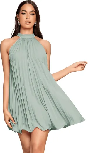 SweatyRocks Women's Casual Sleeveless Tie Back Halter Dress Mini Swing Pleated A-line Loose Dress