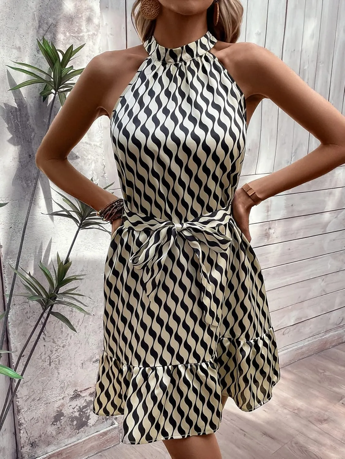 SweatyRocks Women's Graphic Print Sleeveless Halter Mini Dress A Line Ruffle Hem Belted Short Dresses