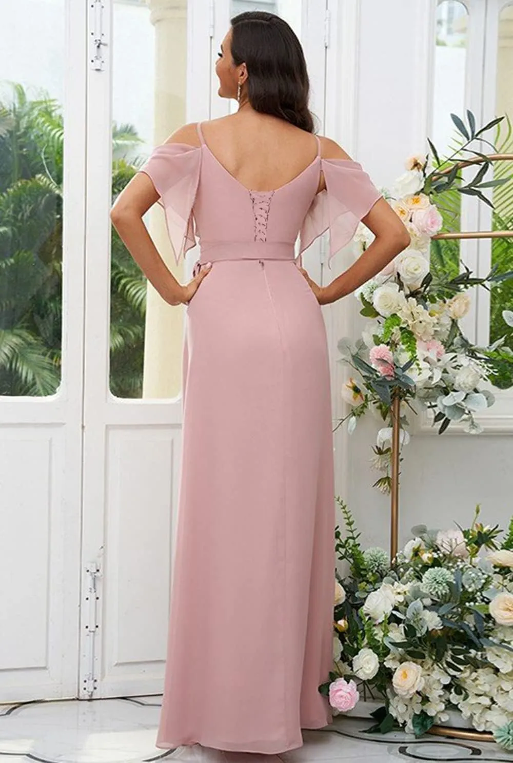 SYYS Women's Cold Shoulder Pleated Bridesmaid Dress Long Chiffon Formal Party Dresses with Slit SYYS357