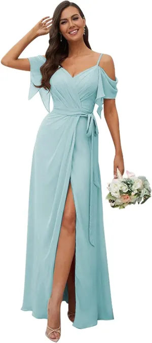 SYYS Women's Cold Shoulder Pleated Bridesmaid Dress Long Chiffon Formal Party Dresses with Slit SYYS357