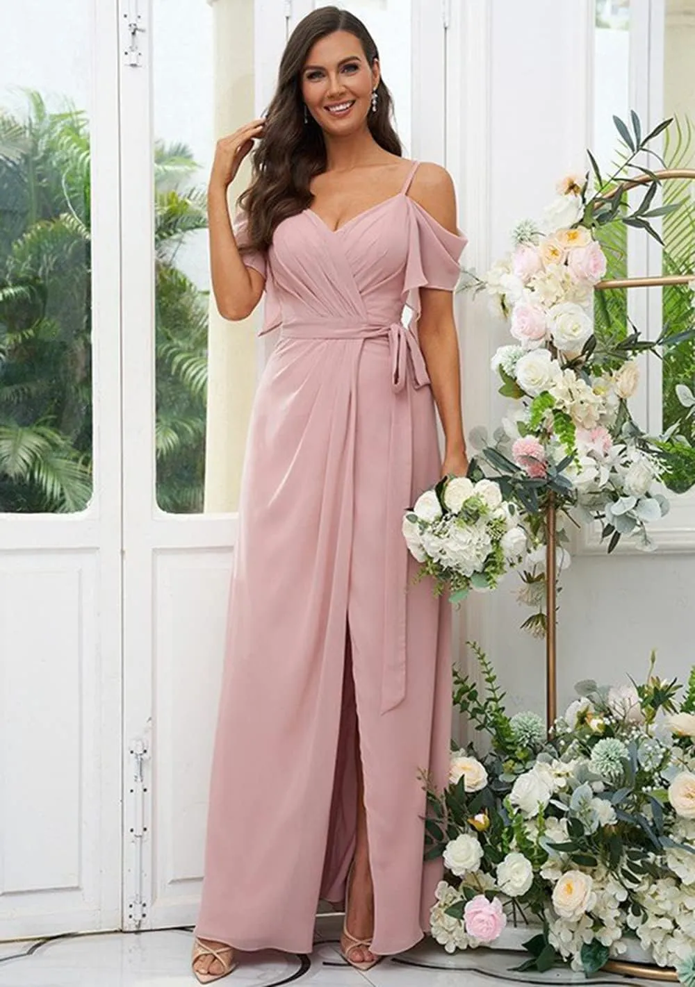 SYYS Women's Cold Shoulder Pleated Bridesmaid Dress Long Chiffon Formal Party Dresses with Slit SYYS357