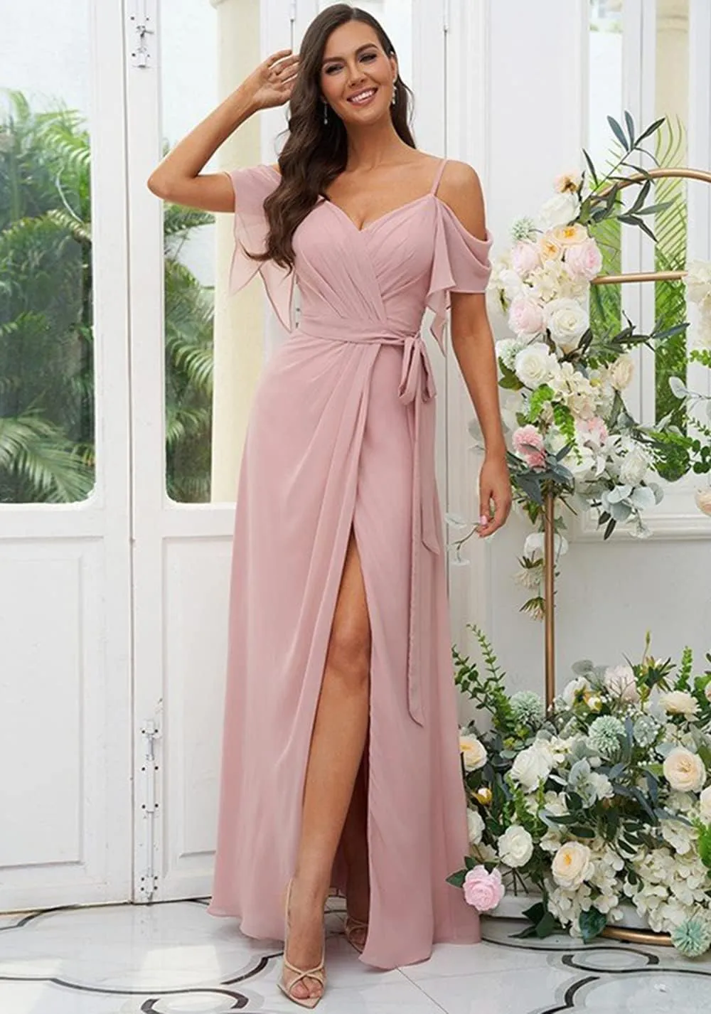 SYYS Women's Cold Shoulder Pleated Bridesmaid Dress Long Chiffon Formal Party Dresses with Slit SYYS357