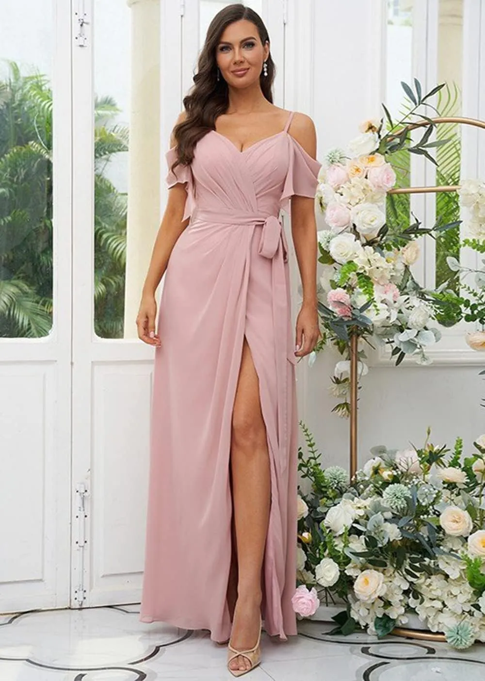 SYYS Women's Cold Shoulder Pleated Bridesmaid Dress Long Chiffon Formal Party Dresses with Slit SYYS357