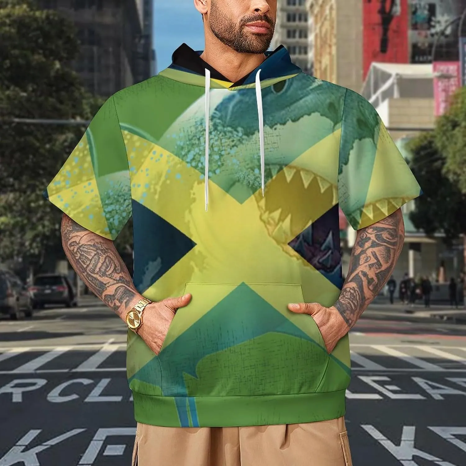 TAIZIYEAH Puerto Rico Flag-Frog Short Sleeved Hoodie Mens Short Sleeve Hoodie Sweatshirts Drawstring Pullover Unique