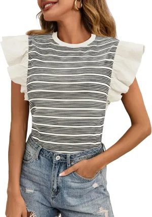 Tankaneo Womens Ruffle Striped Tank Tops Summer Crew Neck Sleeveless Shirts Loose Fit Dressy Casual Blouse
