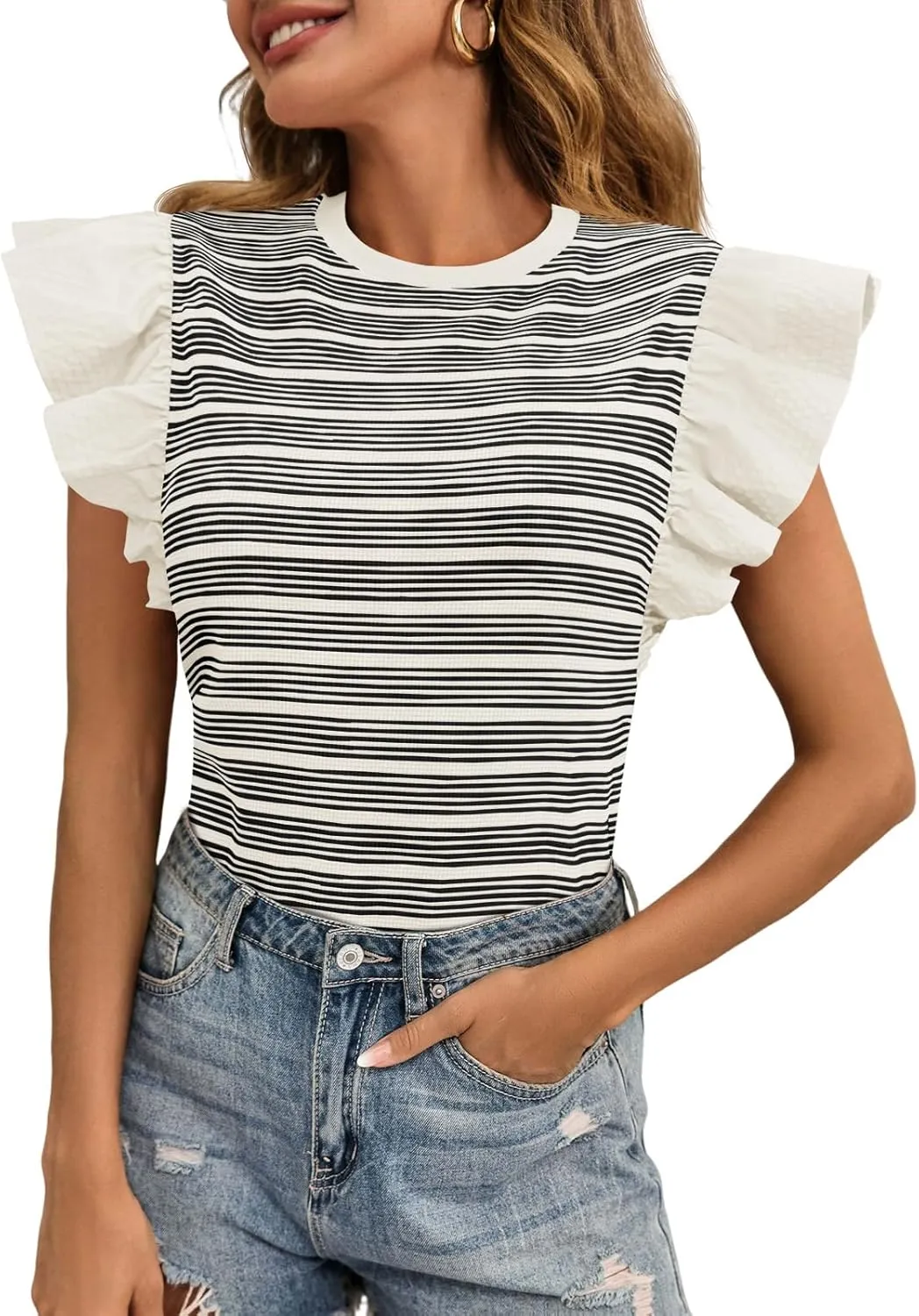 Tankaneo Womens Ruffle Striped Tank Tops Summer Crew Neck Sleeveless Shirts Loose Fit Dressy Casual Blouse