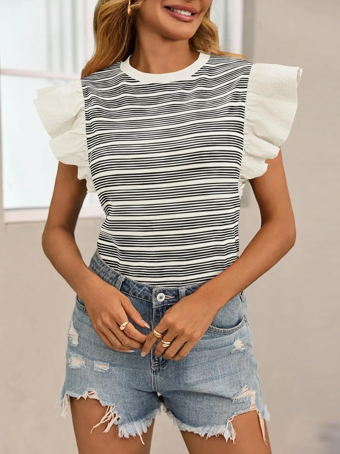 Tankaneo Womens Ruffle Striped Tank Tops Summer Crew Neck Sleeveless Shirts Loose Fit Dressy Casual Blouse