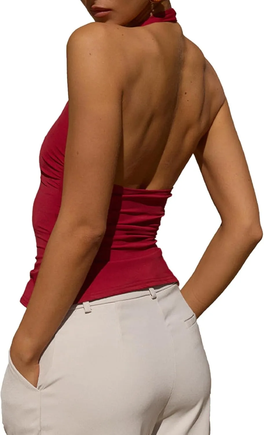 Tankaneo Womens Sexy Scoop Neck Halter Tops Backless Ruched Knit Tank Tops Summer Sleeveless Fitted Going Out Shirts