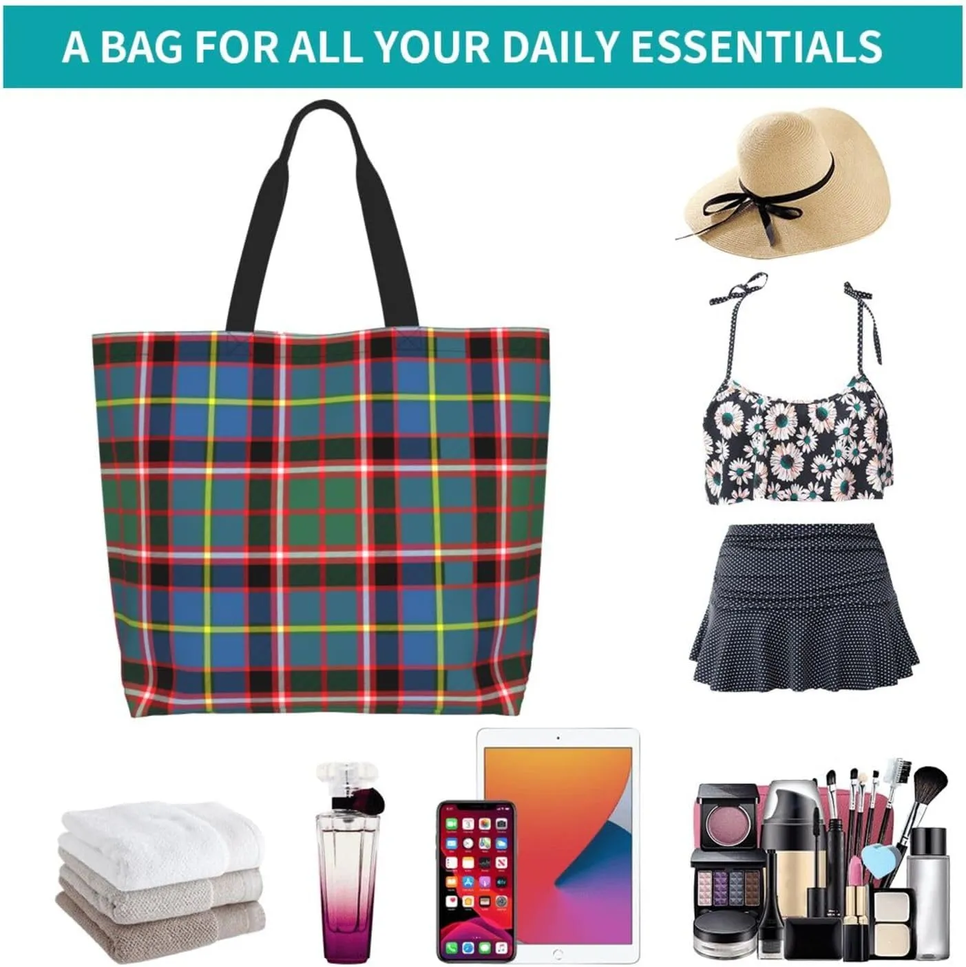 Tartan Plaid Check Tote Bag For Women Weekender Travel Bag Reusable Grocery Bags Large Totes Handbags