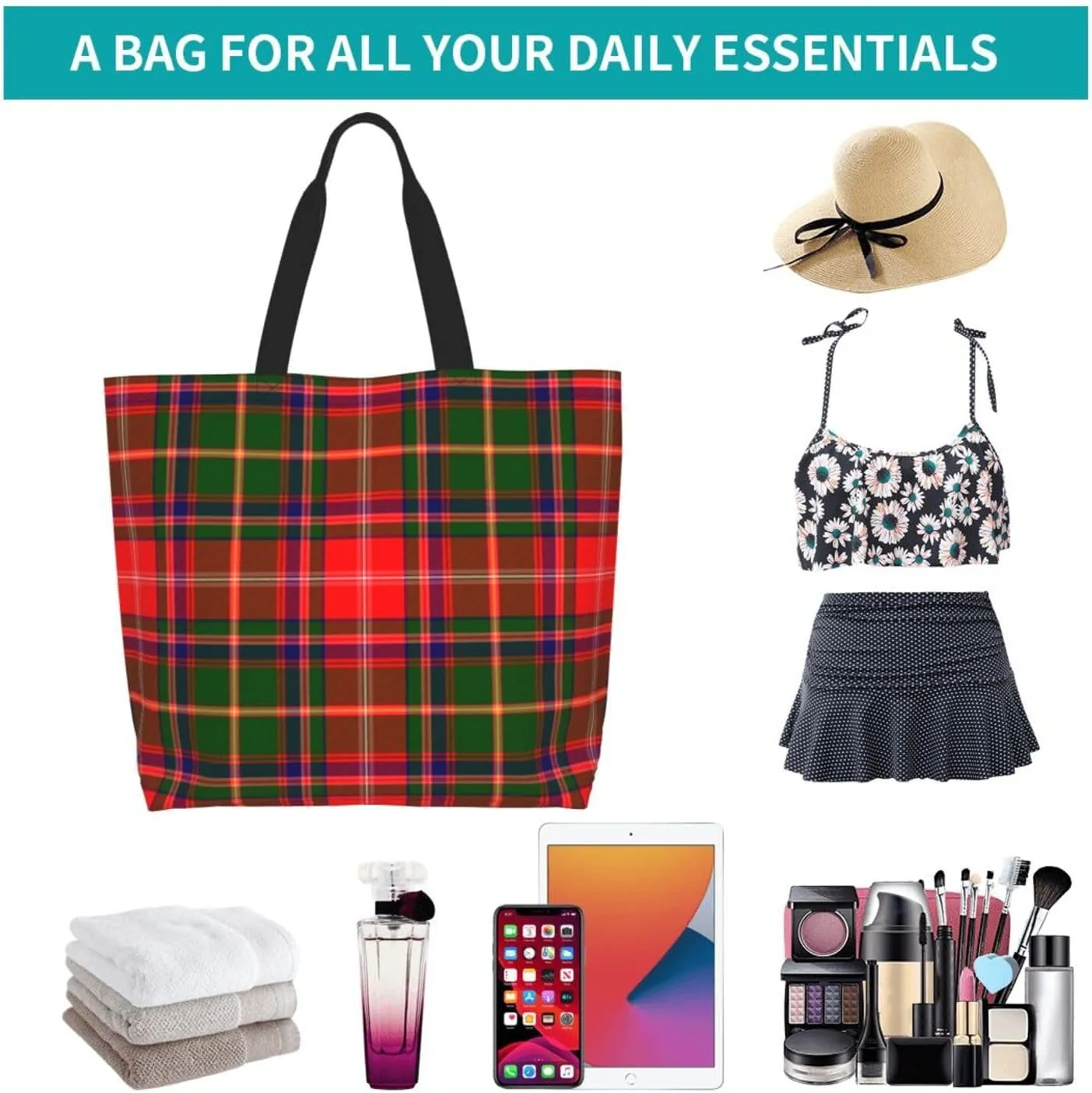 Tartan Plaid Check Tote Bag For Women Weekender Travel Bag Reusable Grocery Bags Large Totes Handbags