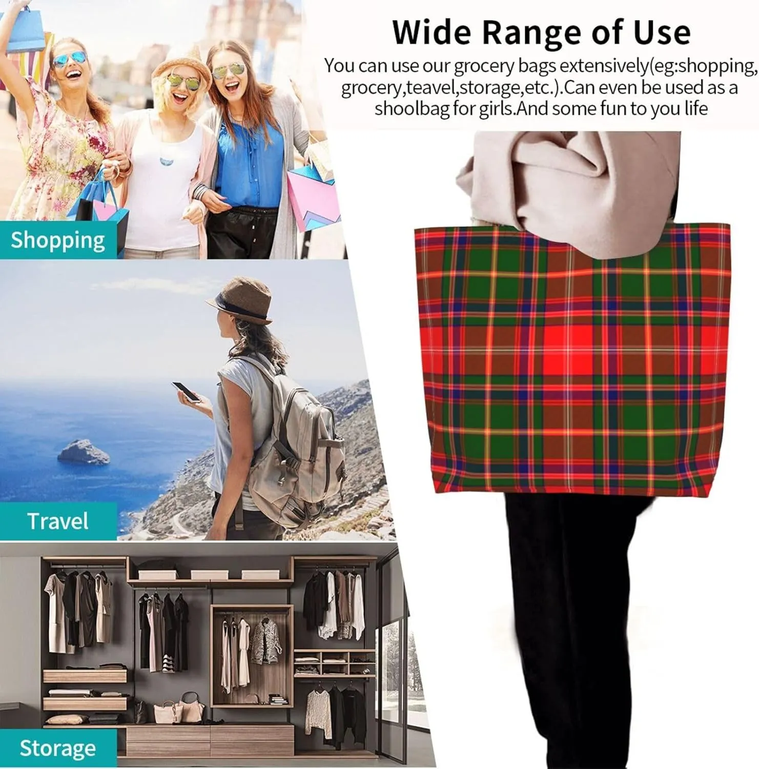 Tartan Plaid Check Tote Bag For Women Weekender Travel Bag Reusable Grocery Bags Large Totes Handbags