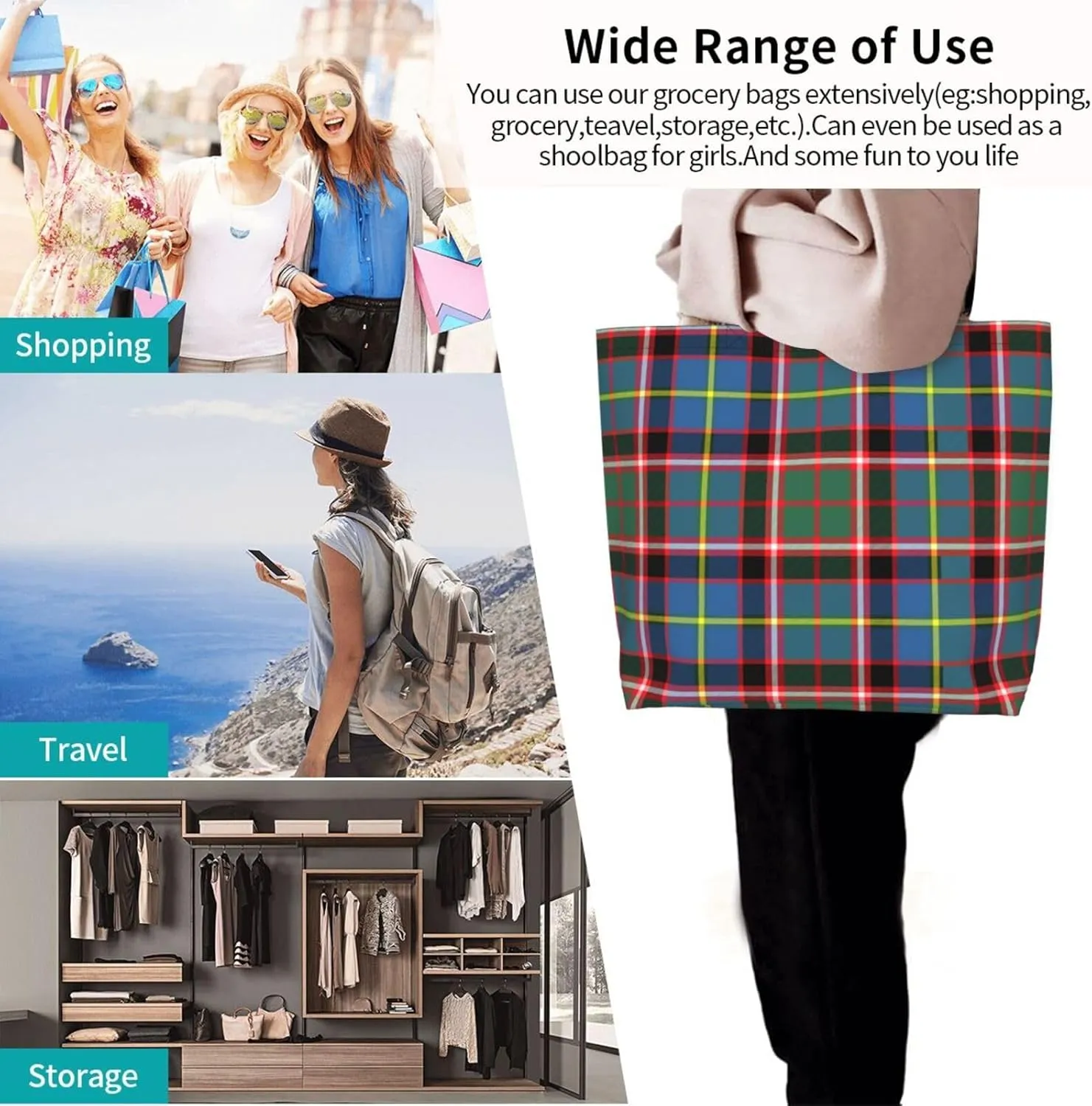 Tartan Plaid Check Tote Bag For Women Weekender Travel Bag Reusable Grocery Bags Large Totes Handbags