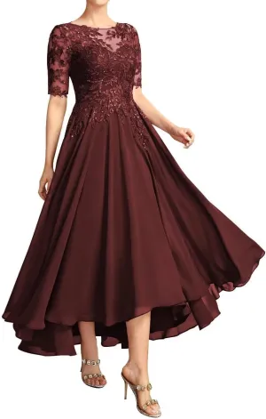 Tea Length Mother of The Bride Dresses for Wedding Chiffon Lace Applique Formal Evening Party Gown with Sleeves MK50