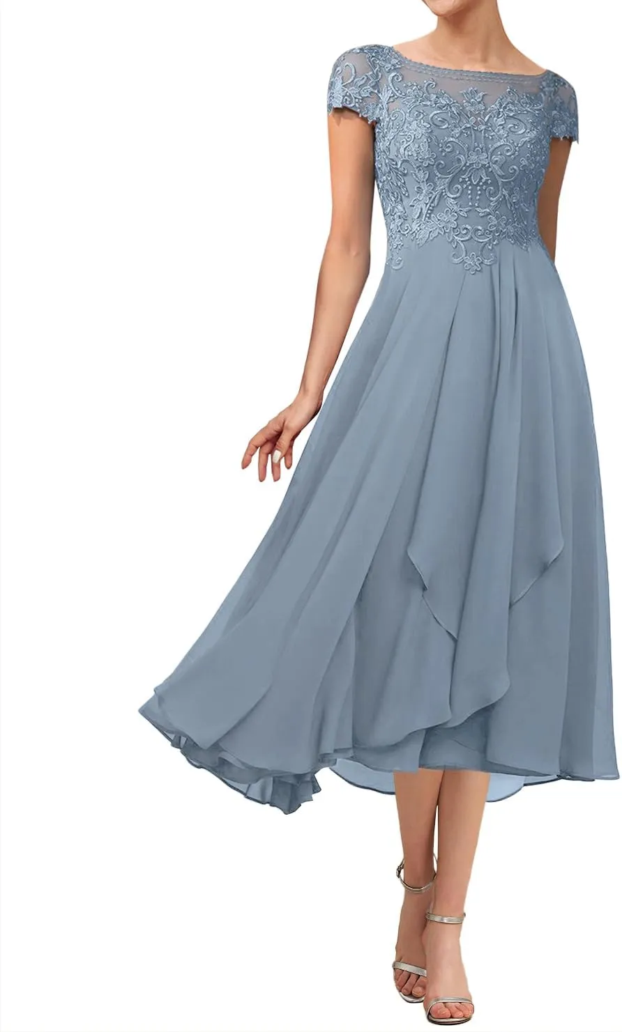Tea Length Mother of The Bride Dresses for Wedding Lace Wedding Guest Dresses for Women Applique Ruffles Cap Sleeve