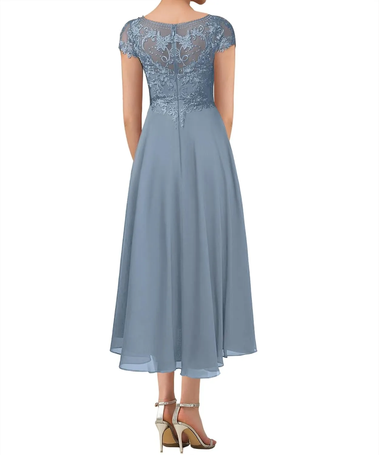 Tea Length Mother of The Bride Dresses for Wedding Lace Wedding Guest Dresses for Women Applique Ruffles Cap Sleeve