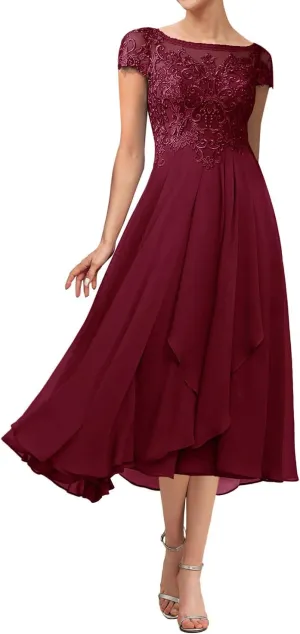 Tea Length Mother of The Bride Dresses for Wedding Lace Wedding Guest Dresses for Women Applique Ruffles Cap Sleeve