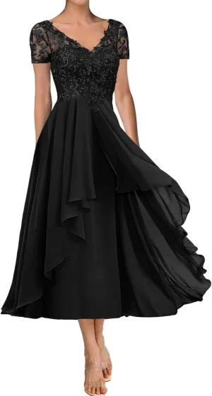 Tea Length Mother of The Bride Dresses for Wedding Lace Wedding Guest Groom Dresses Applique V Neck Ruffle Short Sleeve