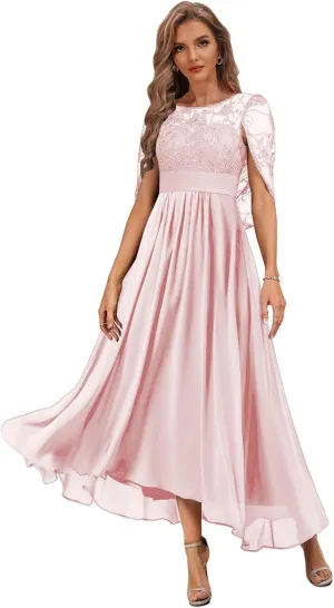 Tea Length Mother of The Bride Dresses with Cape Lace Formal Dress for Wedding High Low Evening Gown