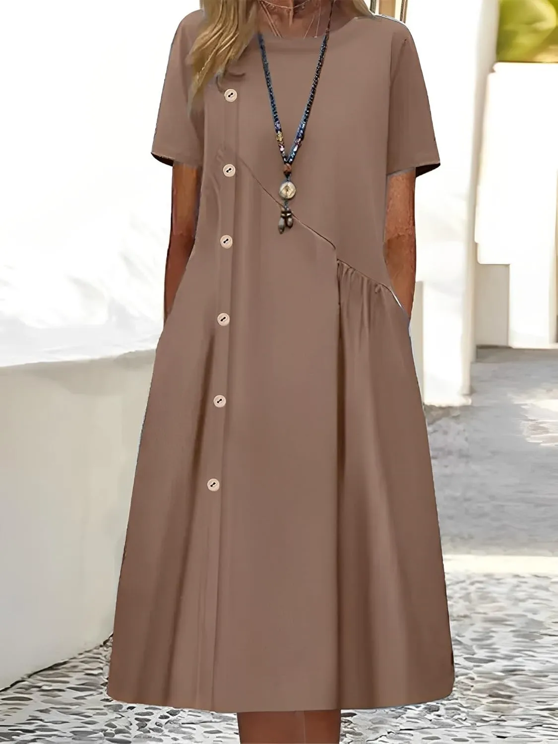 TIAFORD Women's Casual Loose Half Sleeve Cotton Linen Midi Dress Summer Side Button Beach Sundresses for Women 2024