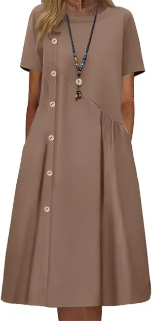 TIAFORD Women's Casual Loose Half Sleeve Cotton Linen Midi Dress Summer Side Button Beach Sundresses for Women 2024
