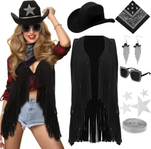 Tiamon Western Costume Accessories for Women Cowgirl Tassels Fringe Vest Cowboy Hat Rhinestone Earrings Glasses Paisley Bandana 70s Hippie Outfits