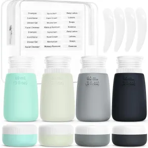 Travel Bottles for Toiletries - 8 Pack Leak Proof Silicone Containers with Clear Bag, 4 Squeeze Bottles & 4 Cream Jars - TSA Approved Travel Size for Easy Carry-on - Perfect for Travelers & Gift