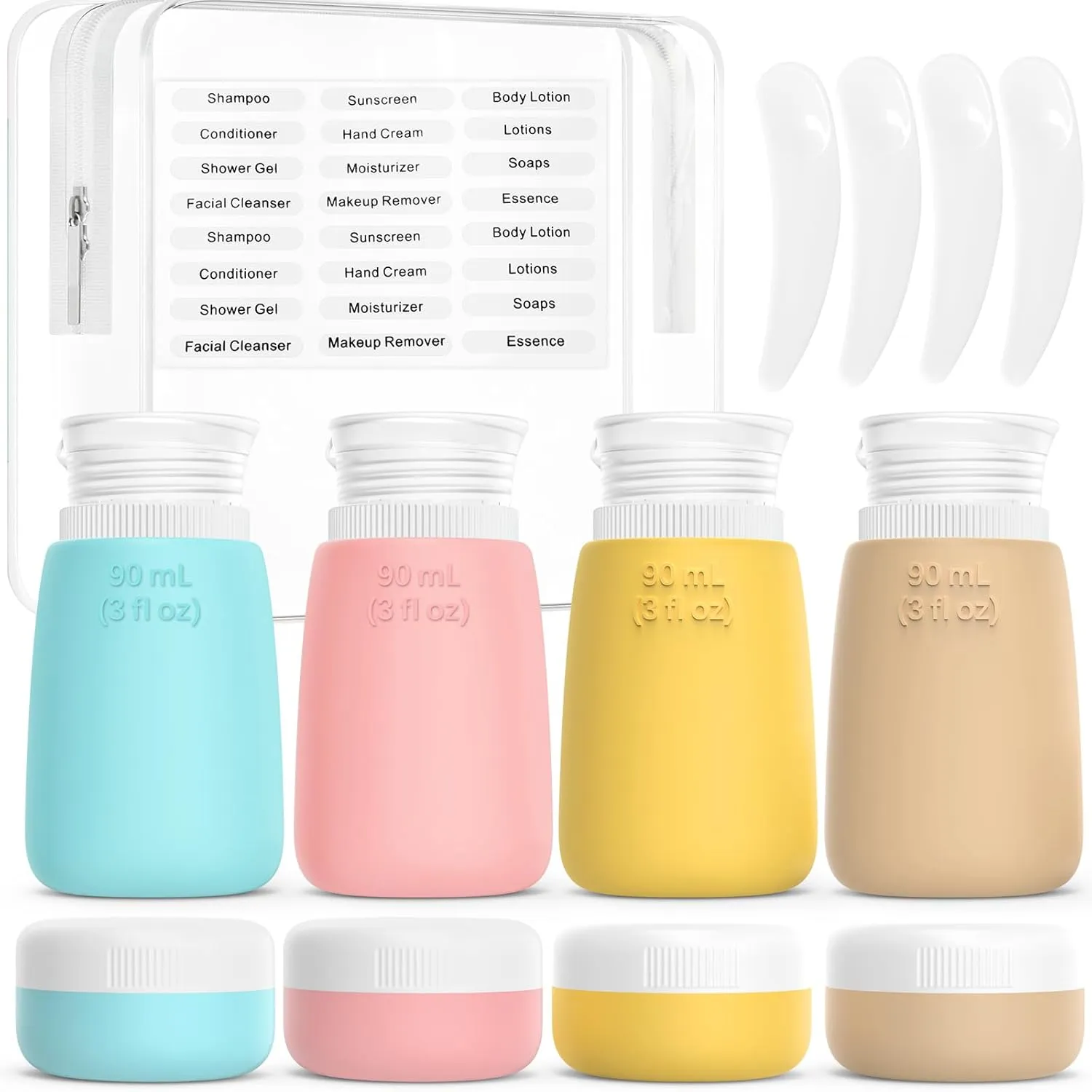 Travel Bottles for Toiletries - 8 Pack Leak Proof Silicone Containers with Clear Bag, 4 Squeeze Bottles & 4 Cream Jars - TSA Approved Travel Size for Easy Carry-on - Perfect for Travelers & Gift