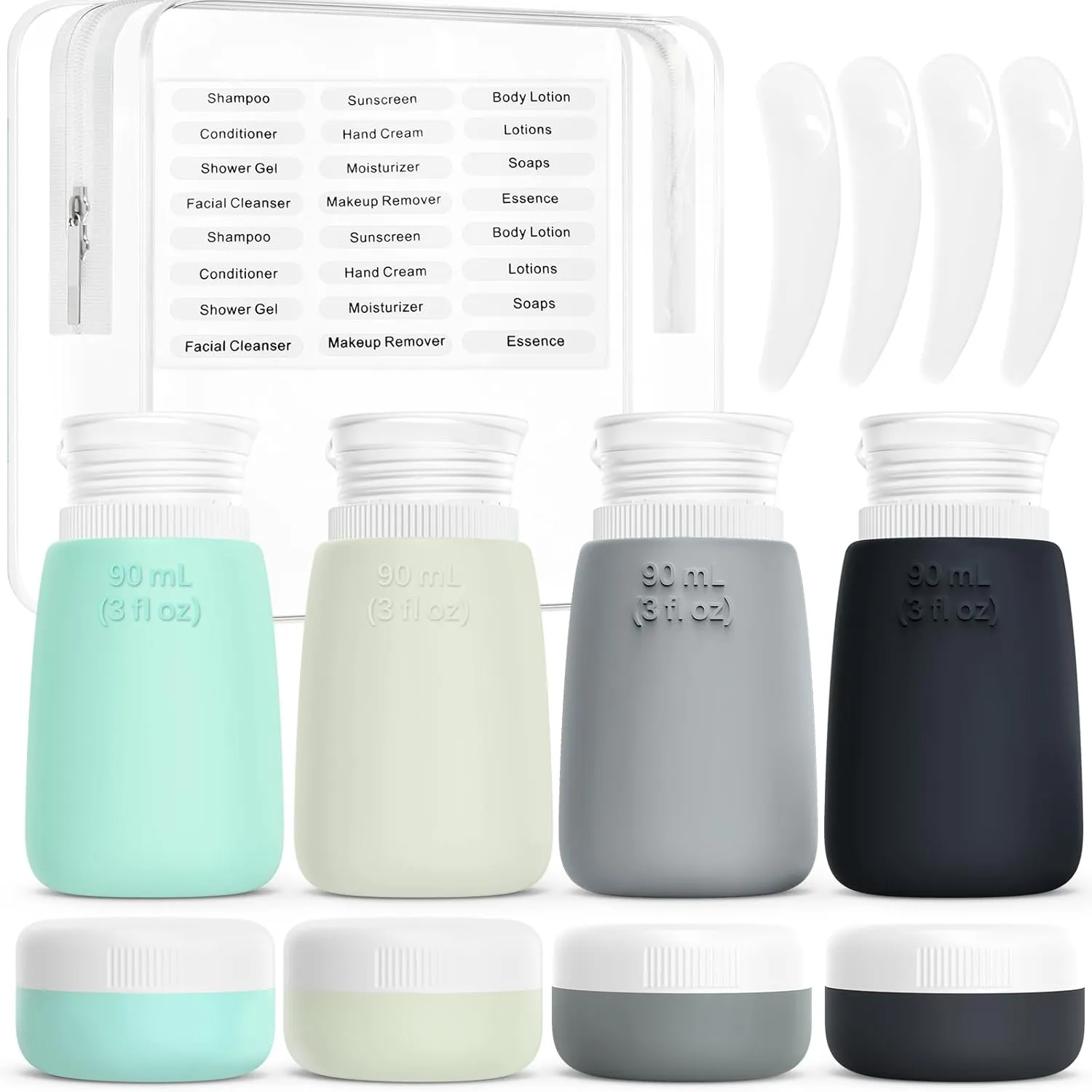 Travel Bottles for Toiletries - 8 Pack Leak Proof Silicone Containers with Clear Bag, 4 Squeeze Bottles & 4 Cream Jars - TSA Approved Travel Size for Easy Carry-on - Perfect for Travelers & Gift