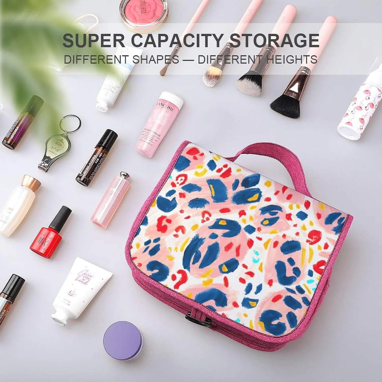 Travel Toiletry Bag For Women Hanging Makeup Bag Cosmetic Bag Travel Essentials Organizer Hand Painted Abstract Leopard Print